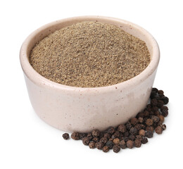 Aromatic spice. Ground black pepper in bowl and peppercorns isolated on white