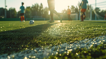 focused soccer field lines Young soccer players training on the soccer field in the background : Generative AI