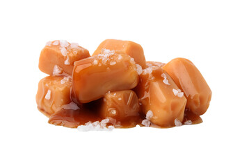 Yummy caramel candies and sea salt isolated on white