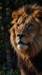 Fototapeta premium a close up of a lion standing in a forest with a dark background, king of the jungle, fire lion, with the mane of a lion, lion warrior, 2 d full body lion, lord of the jungle, aslan the lion, lion bod