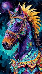 painting of a horse with a colorful headdress and feathers, horse warrior, beautiful horse, horse, digital horse, animal painting, beautiful art, oil paint style, beautiful serene horse, stunning art 