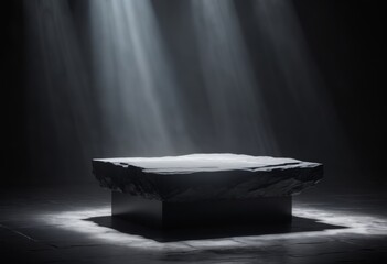 Product background, black stone podium on dark background with fog. Mock up template for product presentation