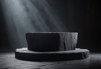 Product background, black stone podium on dark background with fog. Mock up template for product presentation
