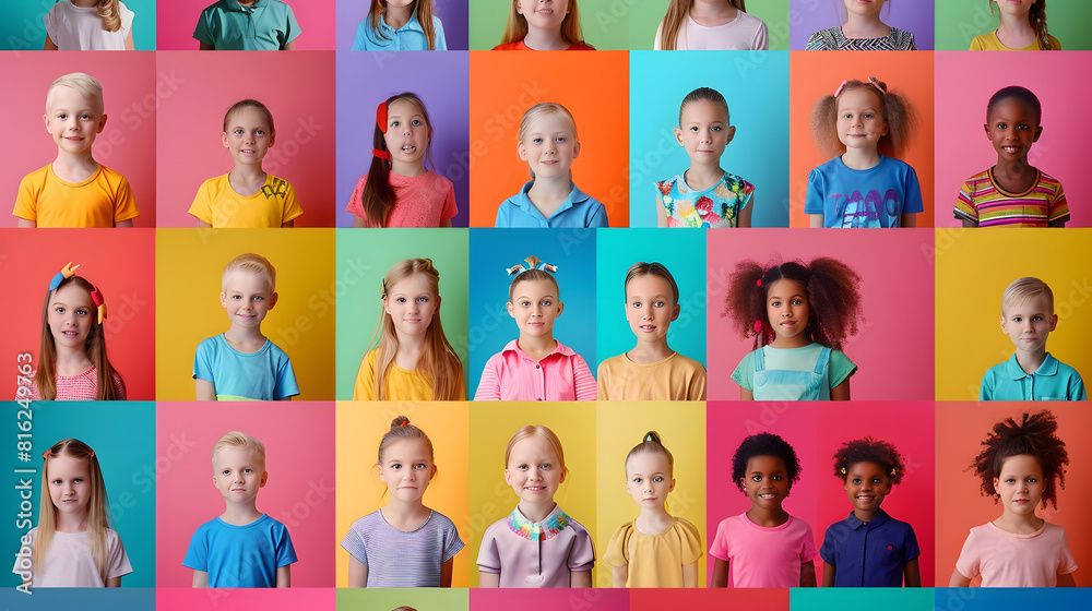 Poster Collage with many little students on colorful background : Generative AI