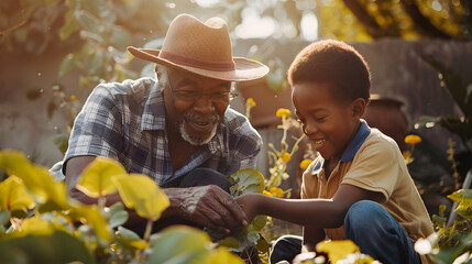 Happy african american grandfather and grandson planting in garden family lifestyle childhood togetherness gardening and hobbies unaltered : Generative AI