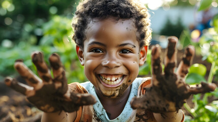 Portrait of happy african american boy showing his hands covered in ground in garden lifestyle childhood gardening and hobbies unaltered : Generative AI - Powered by Adobe