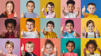 Collage photo of multiple different mixed races friendly schoolchildren boys girls show thumbs up symbol select season discounts isolated over colored background : Generative AI