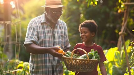 Happy african american grandfather and grandson holding basket with vegetables walking in garden family lifestyle childhood togetherness gardening and hobbies unaltered : Generative AI
