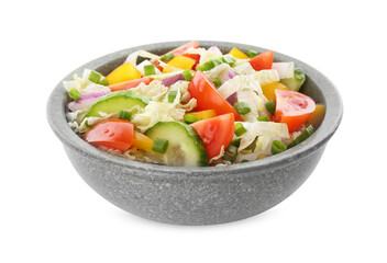 Tasty salad with Chinese cabbage in bowl isolated on white