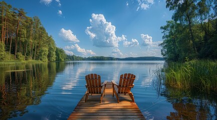 Photo of a wooden dock with an Adirondack chair overlooking the calm waters and blue sky in Sweden, surrounded by lush greenery on both sides of the lake.