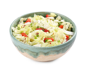 Tasty salad with Chinese cabbage, bell pepper and green onion in bowl isolated on white