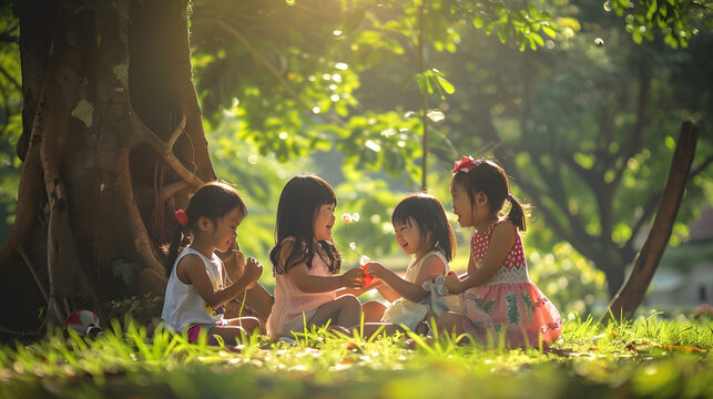 Children friendship concept with happy girl kids in the park having fun sitting under tree playing together enjoying good memory and moment of student friend lifestyle in school summer : Generative AI