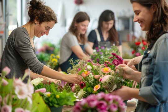 Floral Arrangement Masterclass, Participants Creating Beautiful Flower Bouquets
