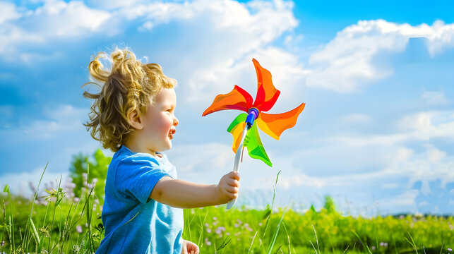 Happy child playing with toy pinwheel outdoors in summer in park against blue sky Child boy runs with toy wind turbine in his hand on summer field sun day Childhood children Family hol : Generative AI