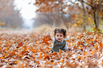 Cute little girl with a leaf in hand, sitting among the autumn leaves