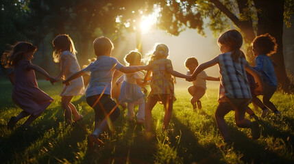 Group of kids playing games and having fun in nature Joyful little children dancing a round dance...