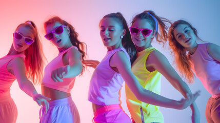 Group of girls wearing sporty trendy outfit with bright glittered makeup dancing synchronous in motion over gradient background in neon light Concept of hobby music motion childhood ac : Generative AI