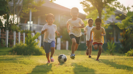 Asian and mixed race happy young kids running playing football together in garden Multiethnic children group outdoor sport exercising leisure game activity or childhood fun lifestyle c : Generative AI