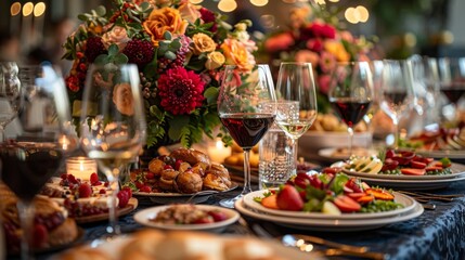 luxurious dining experience, opulent banquet tables in luxury venue showcase exquisite dishes, wines, and desserts for a lavish and indulgent dining experience for attendees