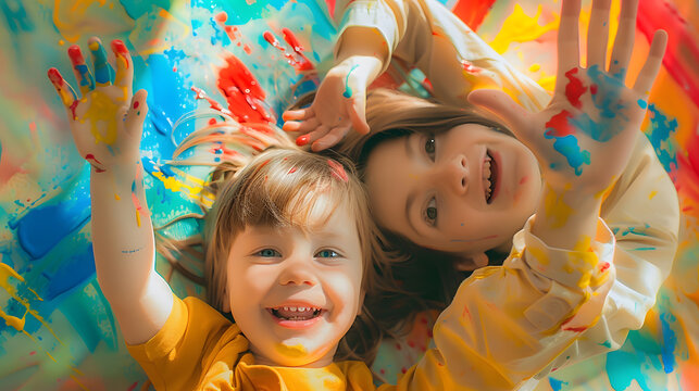 Happy mom and her child lie in a circle playing with finger paint  Games with children with paintEarly  developmentSpend  time with  kids : Generative AI