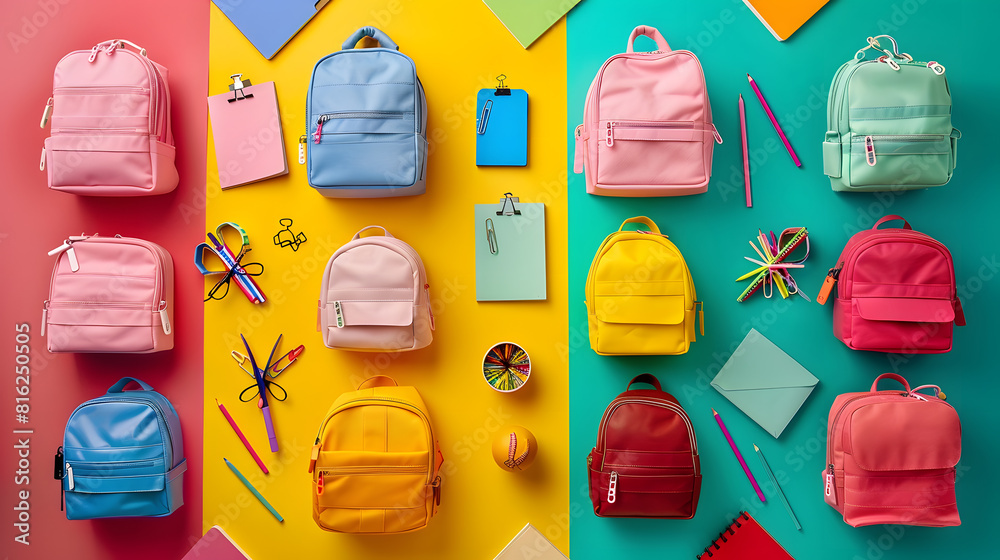 Poster different school backpacks with stationery on colorful background top view : generative ai