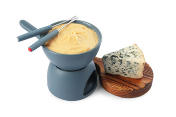Fondue with tasty melted cheese, forks and piece isolated on white