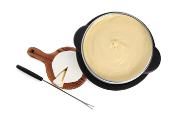 Fondue with tasty melted cheese, camembert and fork isolated on white, top view