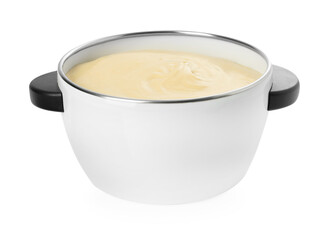 Fondue pot with tasty melted cheese isolated on white