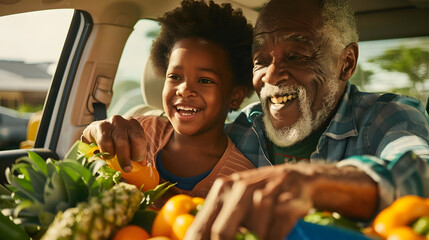 Happy african american grandfather and grandson putting groceries in car family lifestyle childhood togetherness healthy living shopping and food unaltered : Generative AI