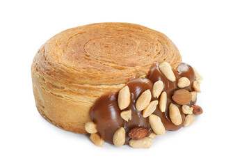 Round croissant with chocolate paste and nuts isolated on white. Tasty puff pastry
