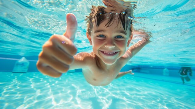 Underwater portrait of happy boy with thumbs up gesture in swimming pool.