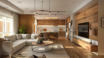 modern apartment living room with the kitchen. 3D