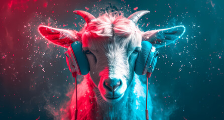 A domestic goat wearing headphones amidst dramatic red and blue abstract splashes, giving a modern,...