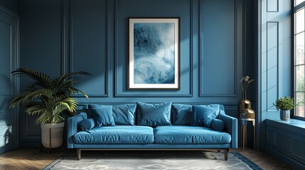 Three-dimensional rendering, illustration of a mock-up poster on a blue wall in a blue living room