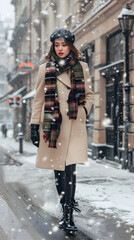 Woman Embracing Winter Fashion: Chic and Cozy in Beige Woolen Coat and Leather Boots