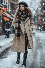 Woman Embracing Winter Fashion: Chic and Cozy in Beige Woolen Coat and Leather Boots