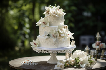 Elegant tiered wedding cake adorned with flowers presented outside