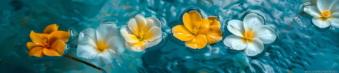 Panoramic shot of yellow and white frangipani flowers on rippled water surface for a peaceful setting