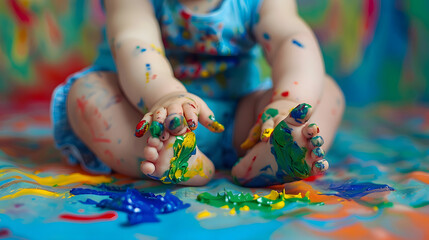 Artistic child Colorful childhood creative baby girl Early children education Creativity concept Little baby painting on doll Baby child draws with colored paints hands dirty feet and : Generative AI