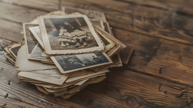 stack of old vintage monochrome photographs 1950 on photographic paper on natural wood background concept of genealogy memory of ancestors family tree nostalgia childhood remembering : Generative AI