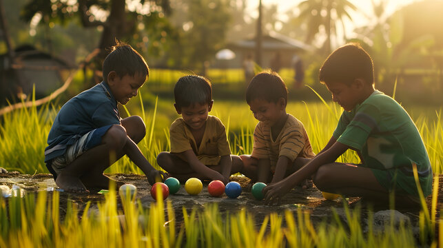Indian village kids playing goli or marbles on near paddy field  concept of traditional game summer holidays and leisure activities : Generative AI