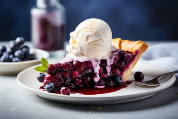 Fresh blueberry pie slice served with creamy vanilla ice cream, garnished with mint
