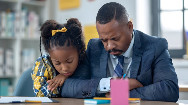 African american young male teacher consoling sad biracial elementary schoolgirl sitting at desk unaltered education communication childhood sadness depression failure and school conce : Generative AI