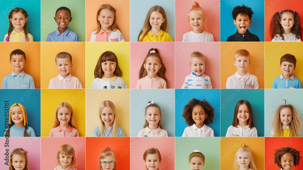 Poster Collage with many little schoolchildren on color background : Generative AI