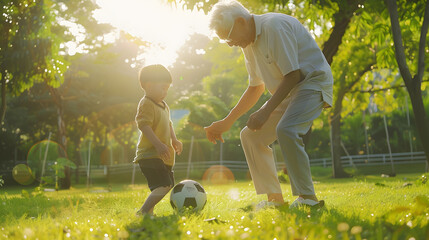 Happy family grandfather and grandson play football on lawn in the park : Generative AI