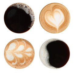 Aromatic coffee drinks with foam isolated on white, set. Top view