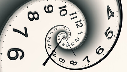 Infinity and other time related concepts, banner design. White clock face twisted in spiral,...