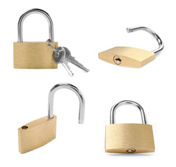 Steel padlock isolated on white, different sides. Set
