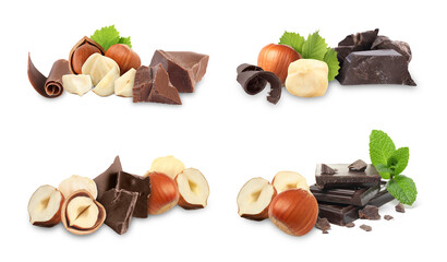 Chocolate and hazelnuts isolated on white, set