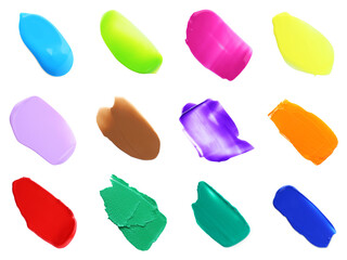 Set with paint samples of different colors isolated on white, top view